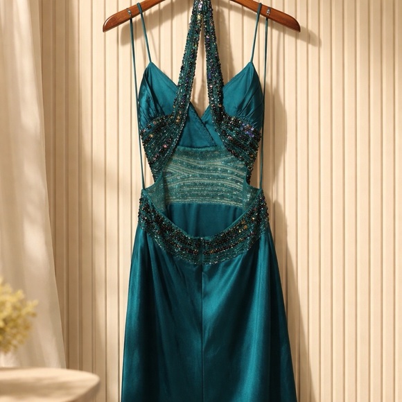 Betsy & Adam Teal Halter Sz. 4 Formal Dress - Picture 4 of 8